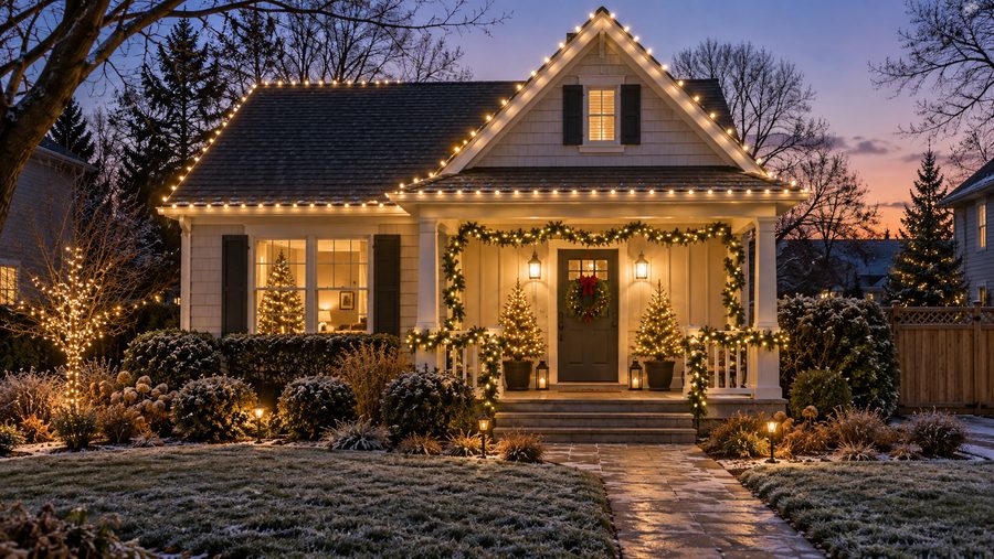 Craftsman home with warm roofline lights at dusk