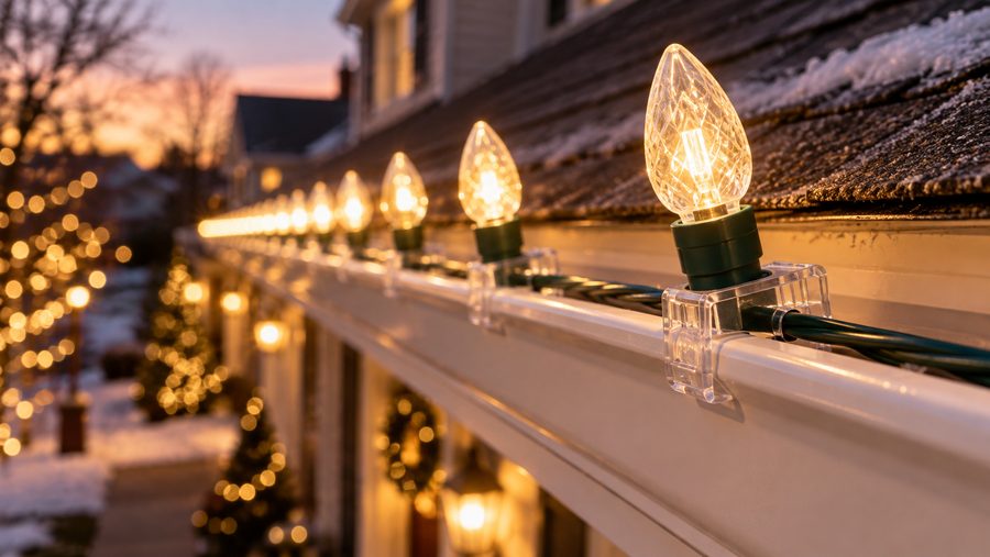 Close-up of C9 bulbs clipped along a gutter