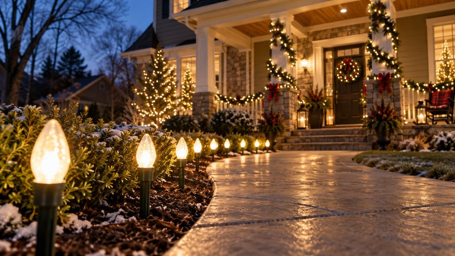 Walkway lined with warm path lights