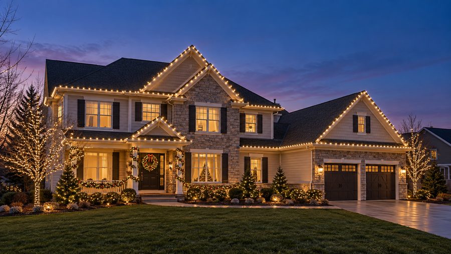 Two-story house outlined in lights at dusk