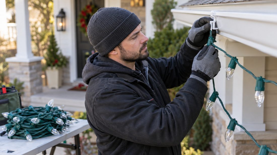Installer clipping string lights along a roofline