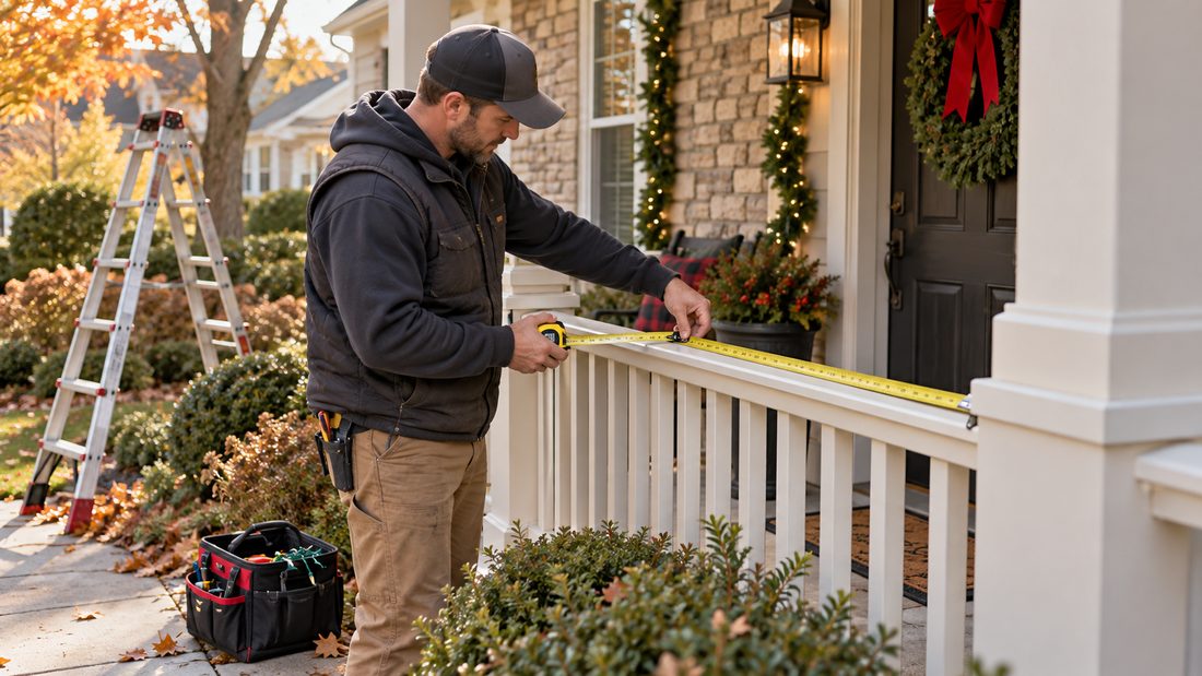 Installer measuring a porch railing for a lighting quote