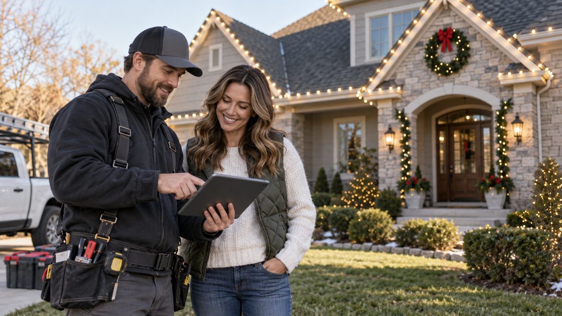Installer showing a homeowner a lighting preview on a tablet