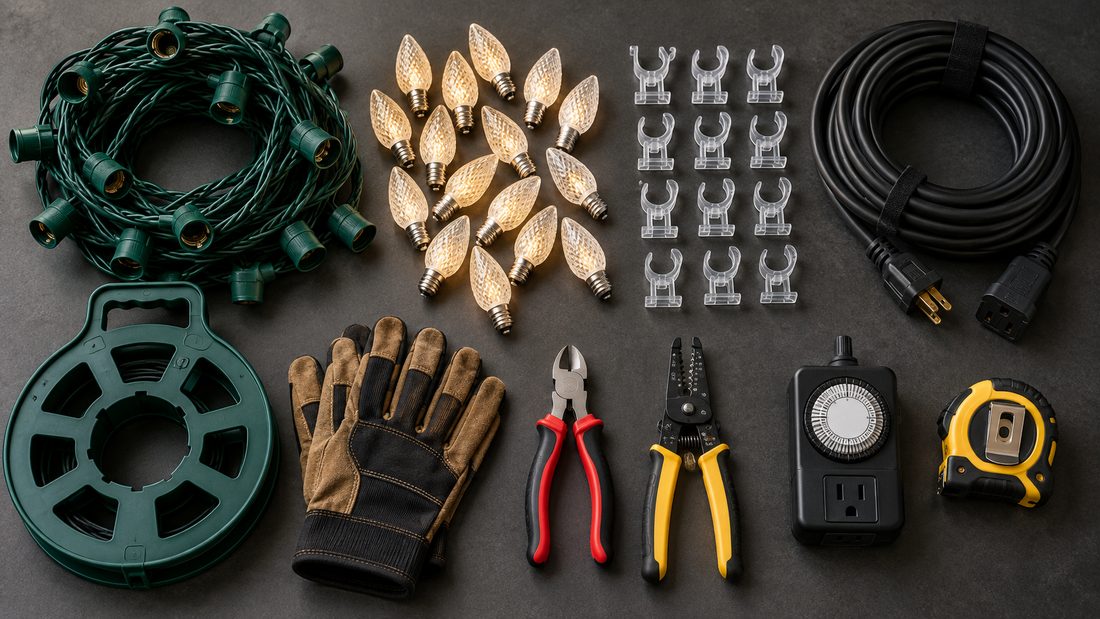 Flat lay of C9 bulbs, clips, reels, timer and installer tools